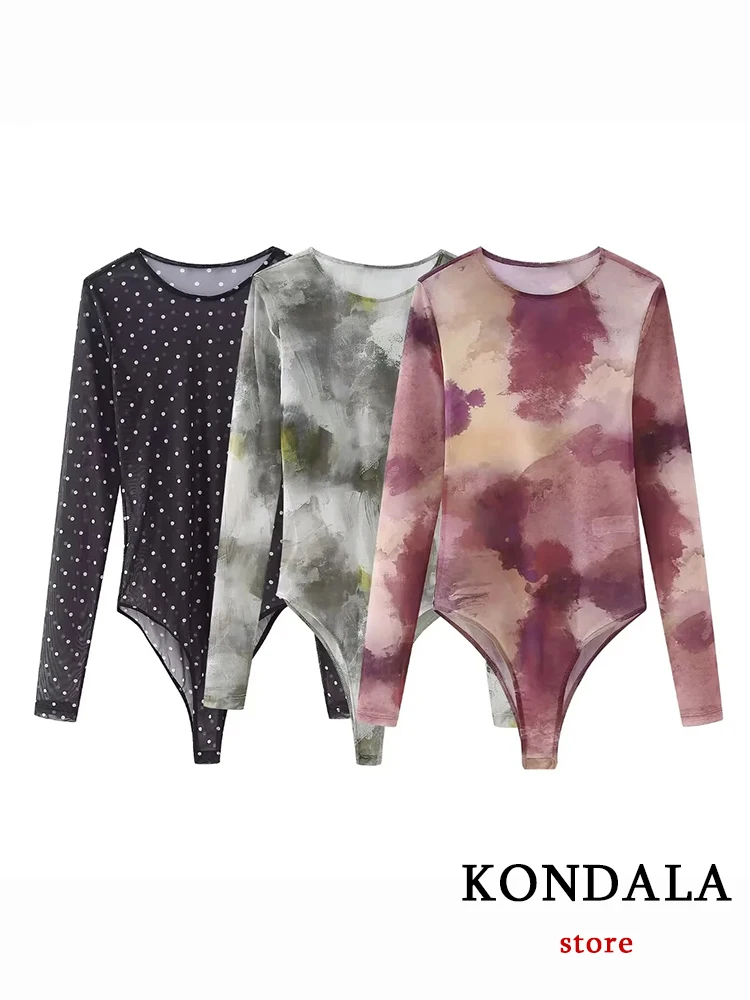 

KONDALA Vintage Print Tie Dye Women Jumpsuit Fashion 2023 Autumn Long Sleeve Sheath Long Sleeve Women Top Holiday Soft Bodysuit