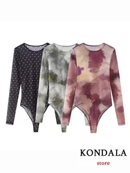 KONDALA Vintage Print Tie Dye Women Jumpsuit Fashion 2023 Autumn Long Sleeve Sheath Long Sleeve Women Top Holiday Soft Bodysuit