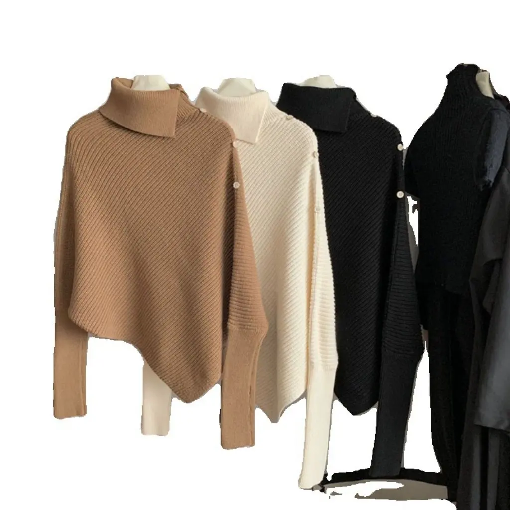 

Women's Irregular High Neck Pullover Sweater Korean Style Batwing Sleeve Thick Knitted Top for Autumn Winter Lazy Style