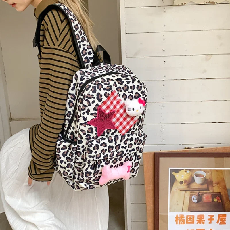 Sanrio new 2025 popular cartoon Hello Kitty doll printed leopard print backpack large capacity school travel backpack