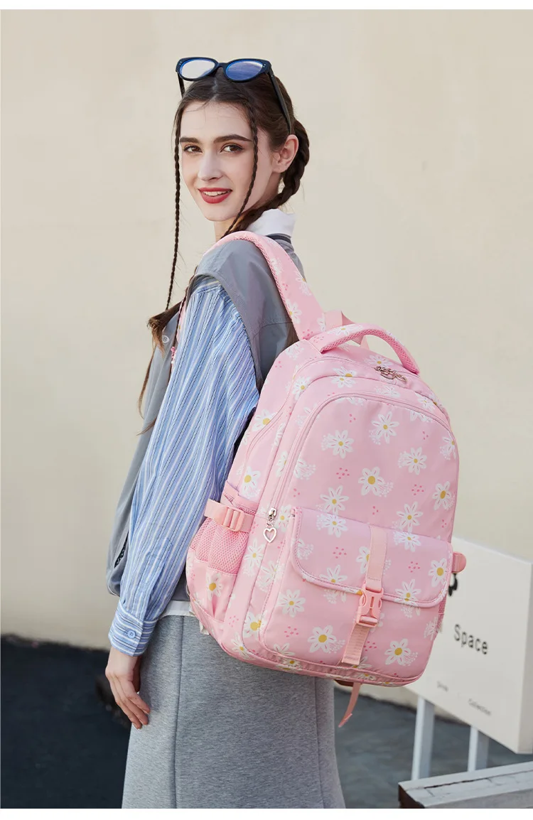 Large Capacity School Backpack for Girls Elementary Middle School Bags Purple Bookbag Student Flower Backpack with Many Pockets