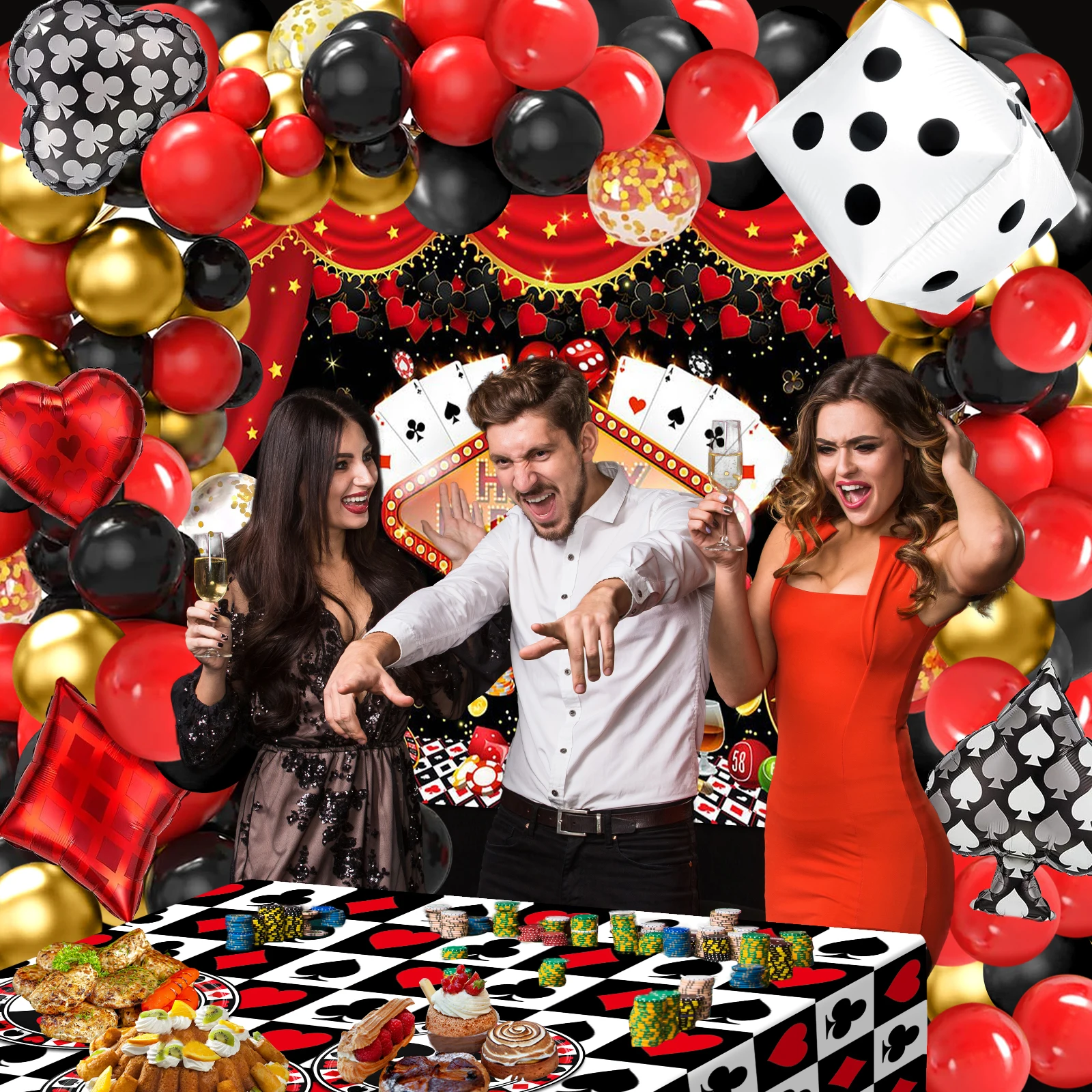 Mocsicka-telón de fondo para fiesta temática de Casino, juego de Decoración de cumpleaños, vajilla de póquer, globos de Casino, suministros de fotomatón, 269 piezas