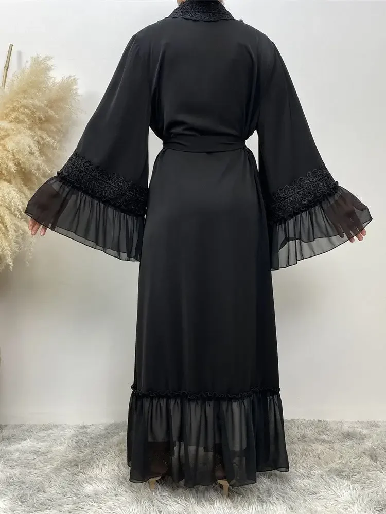 Eid Muslim Black Abaya for Women Djellaba Morocco Dress Dubai Embroidery Flare Sleeve Lace Abayas Dubai Islam Robe with Belt