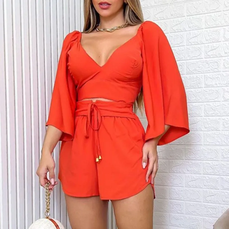 2024 Summer Fashion Solid Two Piece Sets Outfit Women\'s Sexy Backless Lace Up V Neck Flare Sleeve Shirt Tops + Loose Shorts Set