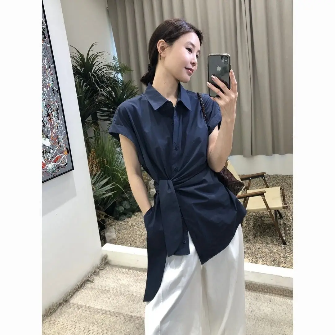 

Корейский Sle Повседневный ort Sve irt Женский летний новый дизайн с завязками на талии Топ с воротником из полиэфирного волокна