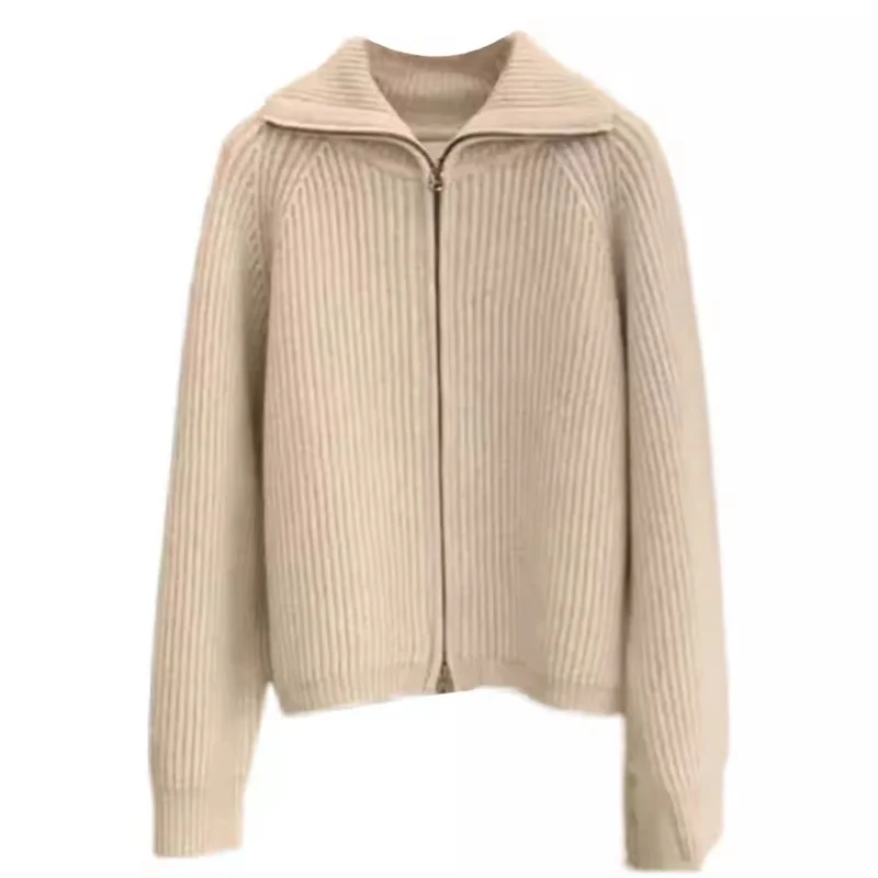 Thickened Knitted Cardigan Korean Instagram Zipper Sweater Flip Neck Sweater for Women Autumn and Winter Lazy Style Solid Color