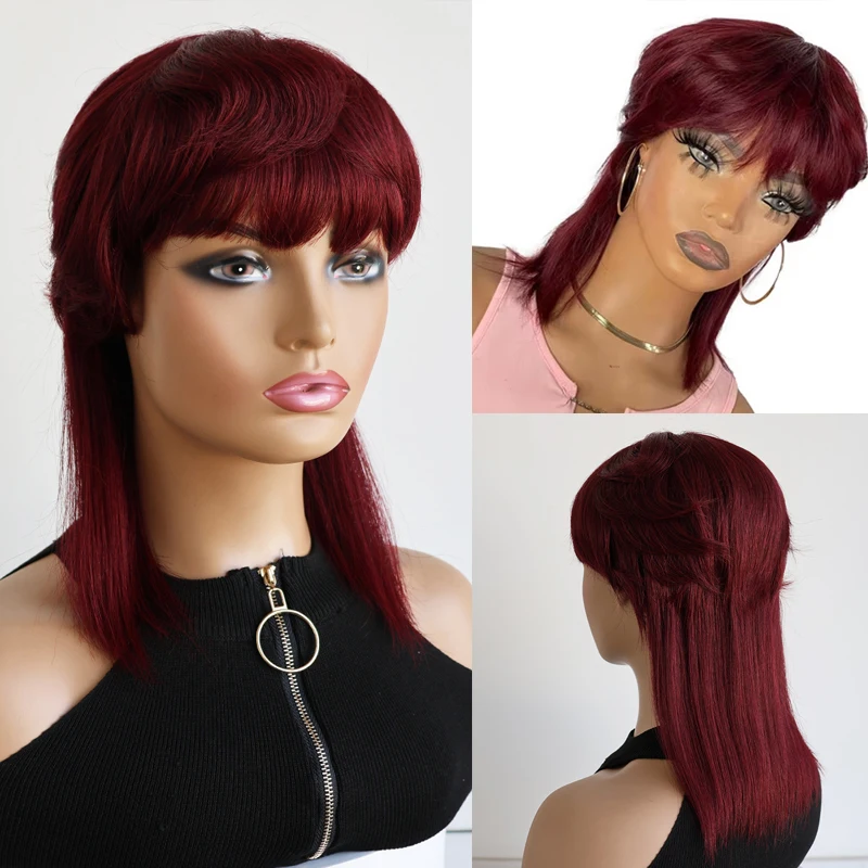 

Pixie Cut Wig Human Hair Wig Burgundy Red 99J Color Human Hair Full Machine Made Wig Layered Wolf Tail Haircut Wig