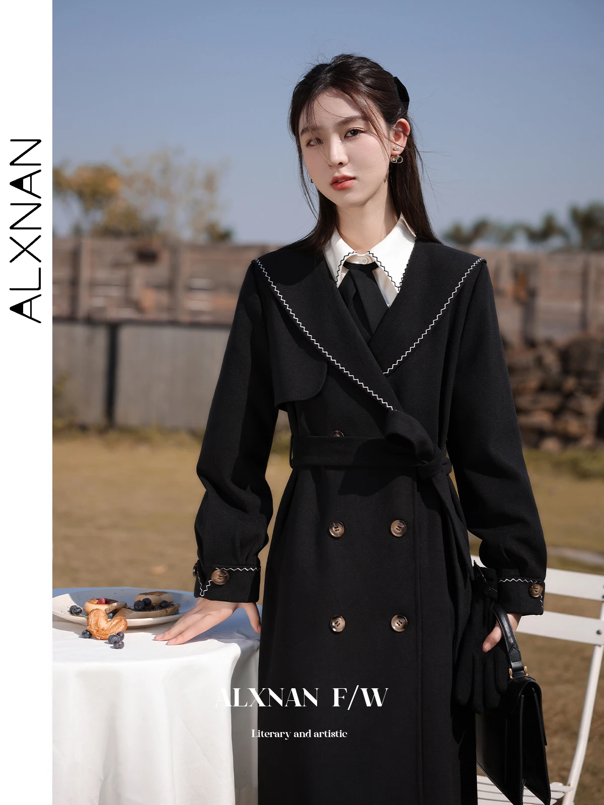 ALXNAN Cappotto di lana da donna Preppy Nero ricamato con scollo a V Manica lunga Giacche monopetto Cintura Cappotto autunno inverno LXN27961