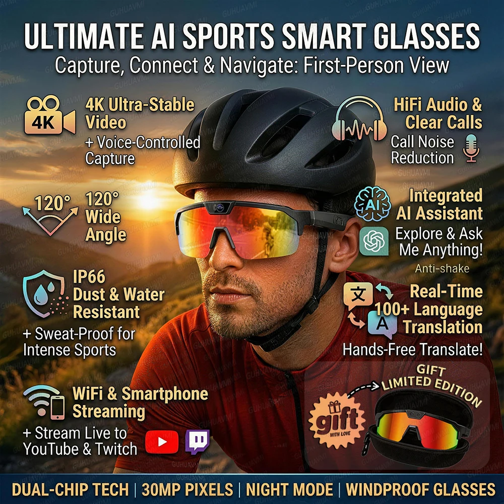 

Новые умные очки 2026 года с камерой 800W 4K HD, защитой от сотрясений, для езды на велосипеде, съемки, с двойным микрофоном, шумоподавлением и ветрозащитой