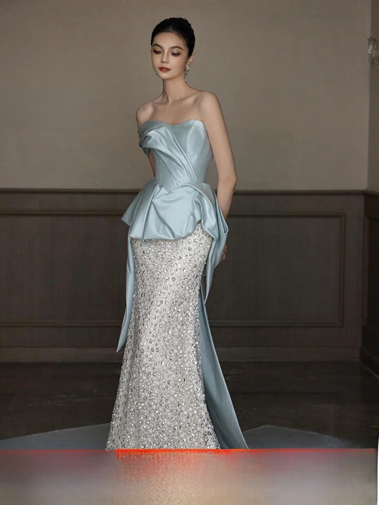 

Blue Heavy Work Evening Gown 2026 New Elegant Strapless Sequin High-End Fish Tail Engagement Dinner Wedding Dress