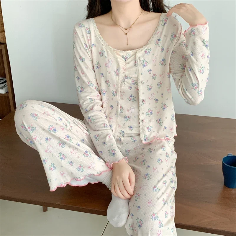 Ensemble de pyjama 3 pièces à fleurs pour femmes, vêtements de nuit rembourrés, doux, doux, mode Ulzzang, salon esthétique, collège, printemps, automne, nouveau