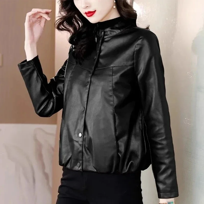 Women's Leather Coat Spring Autumn Fashion Loose Female Faux PU Outwear Temperament Age Reduction Ladies Short Leather Jacket