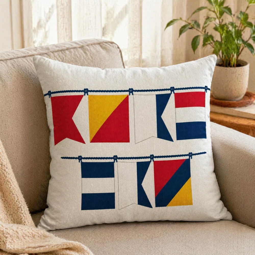 Coastal Nautical Signal Flag Throw Pillow Cover Maritime Color Pennant Banner Sofa Cushion Case Beach House Yacht Home Decor