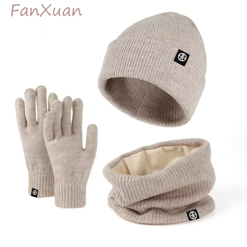 Set 3pcs Women and men Winter Beanies Snood Gloves Fleece Lined Scarf Winter hats Gloves Set for Men women solid color
