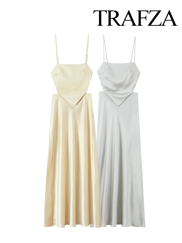 Damska letnia sukienka bez rękawów z satynowej tkaniny, nowa kolekcja, z bocznym zamkiem, odkrytymi plecami, sznurowana, na ramiączkach.