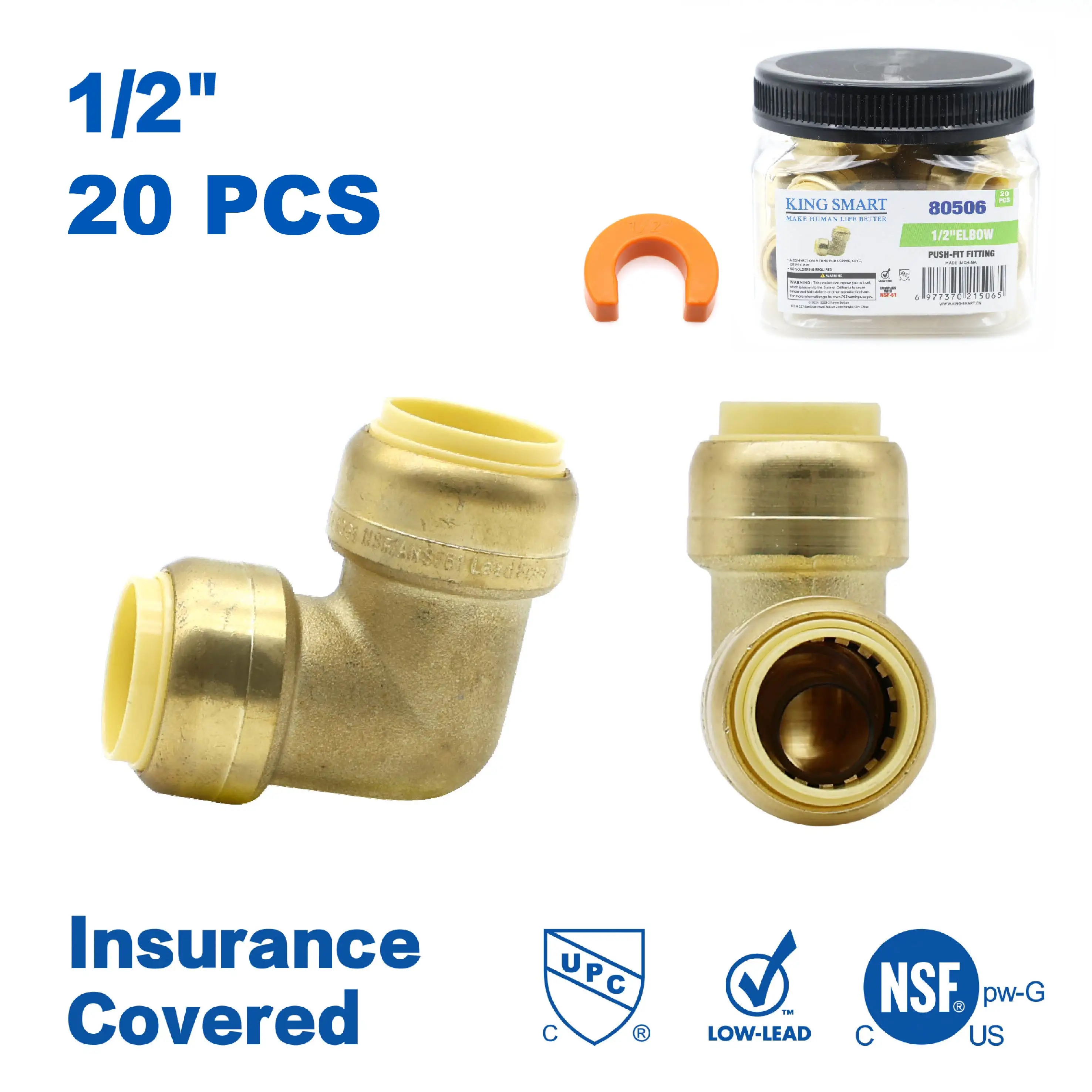

KING SMART 1/2" Push Fit Fitting Elbow; 20Pcs/Case; 80506