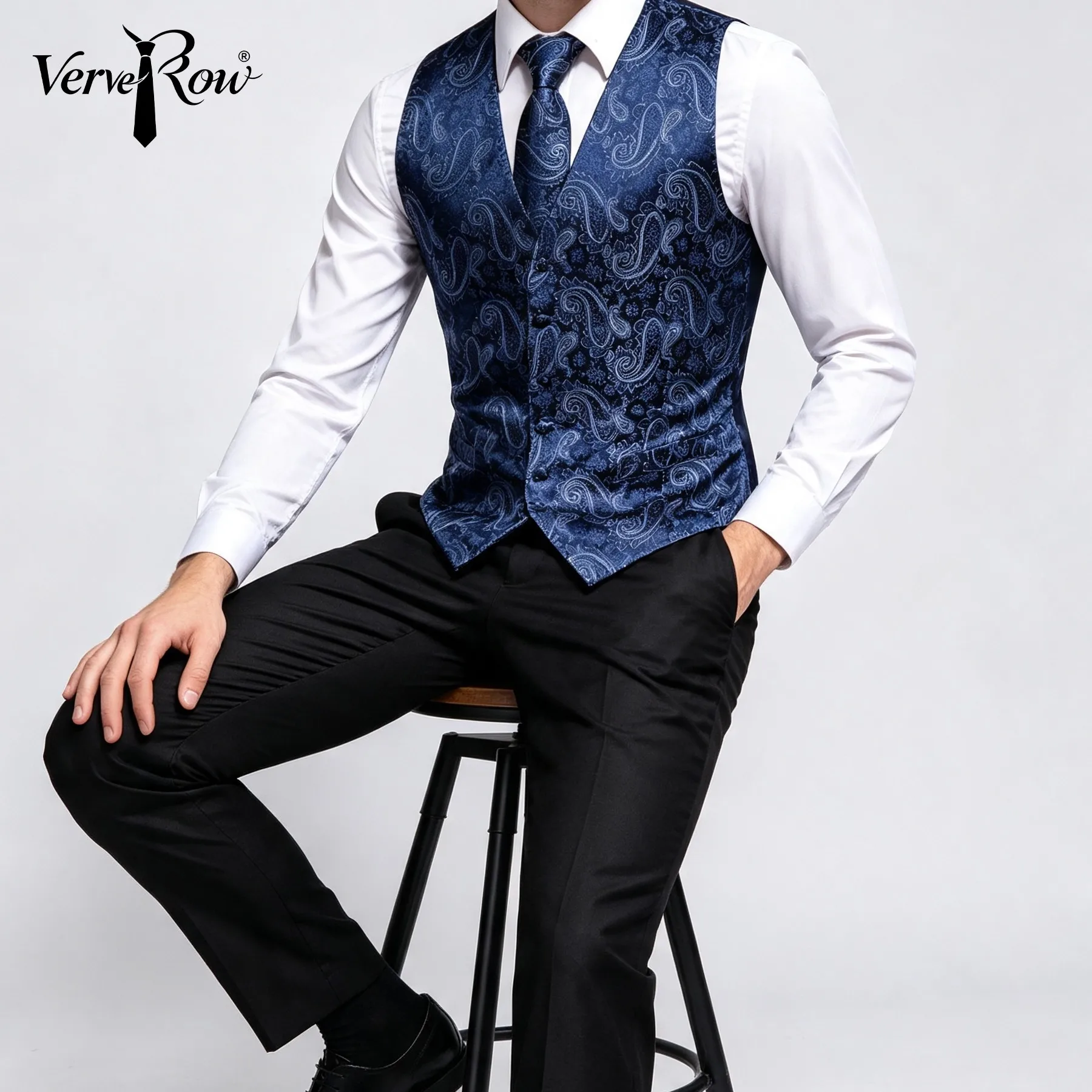 Men Blue Paisley Jacquard V-Neck Waistcoat Tie Pocket Square Formal Party Business Suit Accessory Outfit