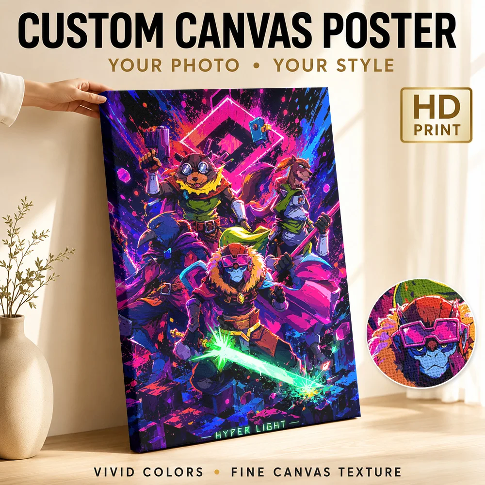 Hyper Light Drifter Team Together Framed Canvas Print Personalized Photo Glowing Neon Colors Wall Art For Game Streaming Studio