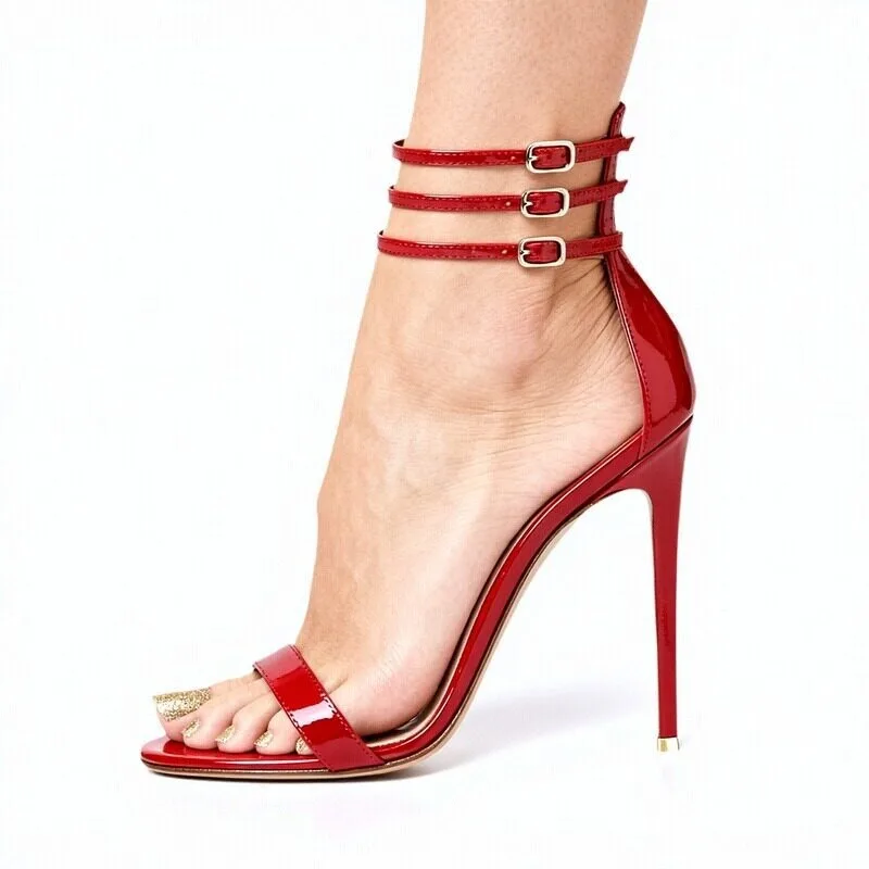 Sexy red patent leather slim high-heeled versatile sandals for banquets, fashion shows, slim heels, straight straps, Roman shoes
