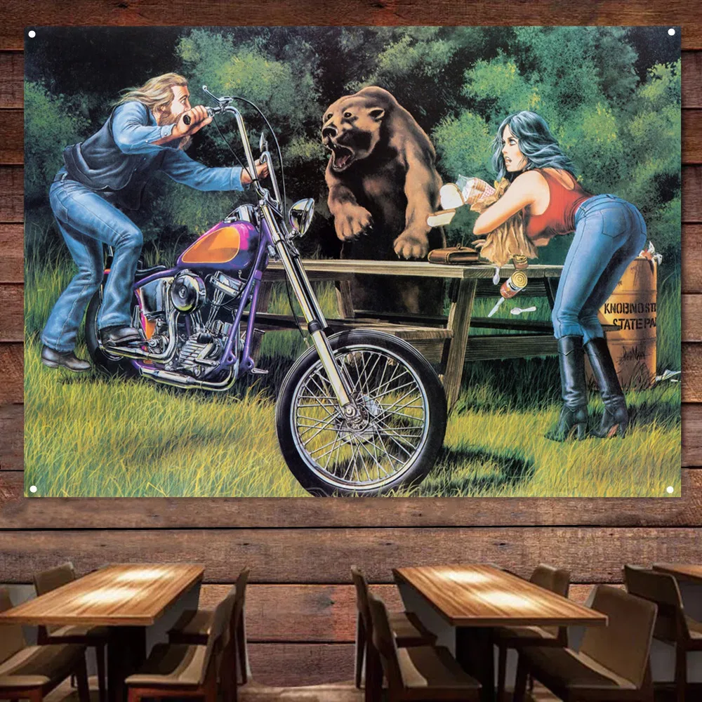 Bear Attacks Motorcyclist Painting for Garage Vintage Decor Banner Wall Flag Gas Station Man Cave Auto Poster Home Decor Sticker