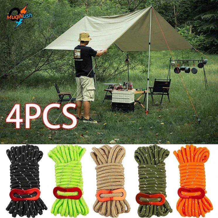 

MuqiNush 4Pcs4m Outdoor Reflective Lines Clothesline Tent Cord Lightweight Camping Rope with Guyline Adjuster for Canopy Shelter