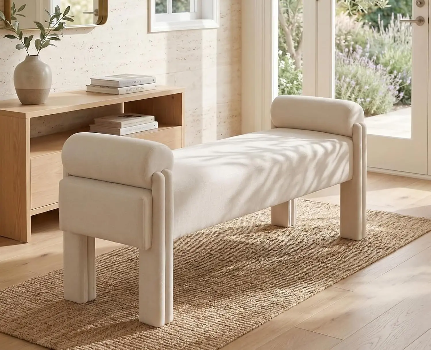 Beige Linen Upholstered Bench, 53 Inch End of Bed Bench