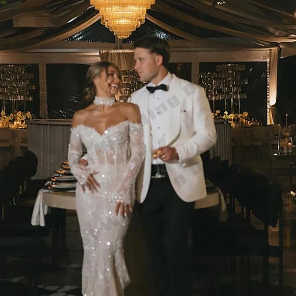 

Vintage Lace Mermaid Wedding Dresses Sexy Off Shoulder Long Sleeve Bridal Gowns Partry Backless Princess Bride Gown Customized