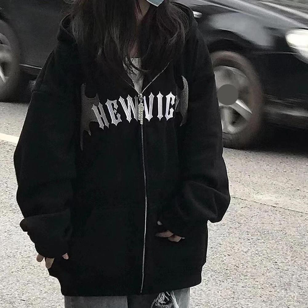 

Women's Street Style Thin Hoodie with Zipper and Devil Horned Lettering Print Lightweight Sweatshirt for Everyday Wear