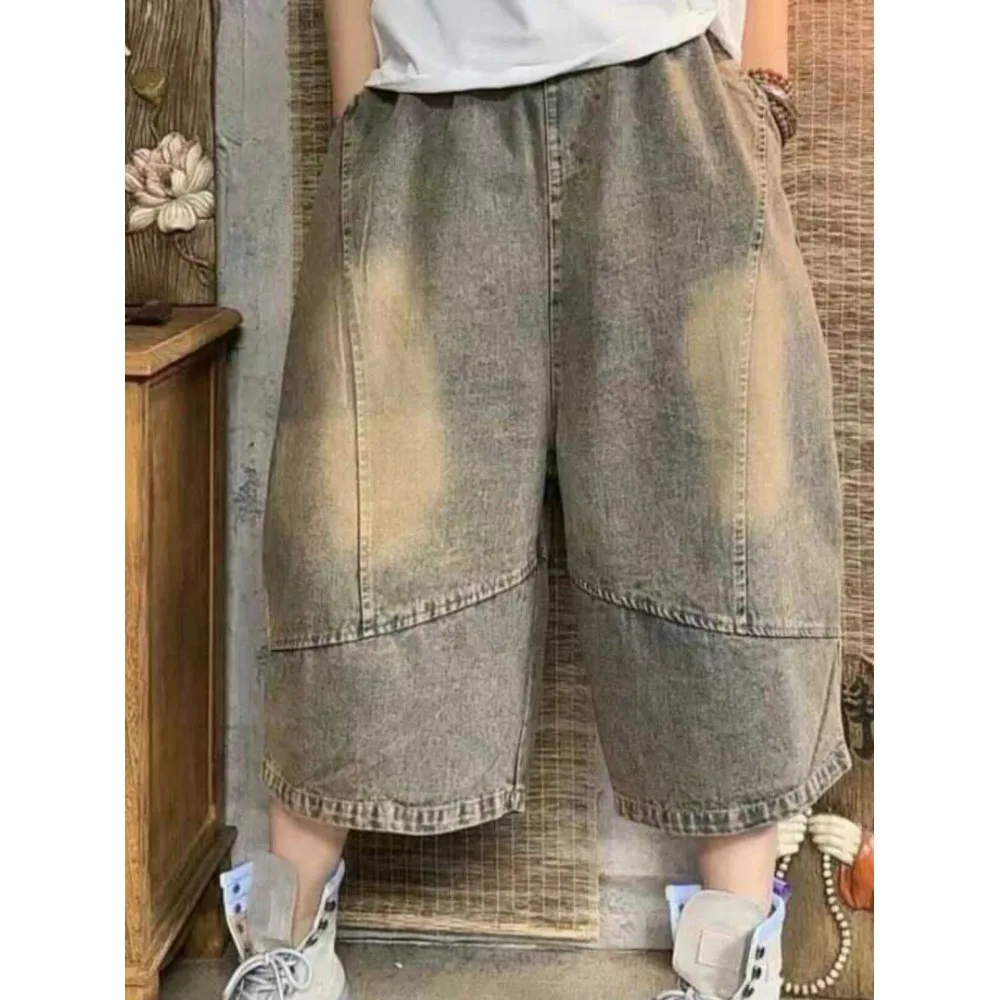 2024 Summer Personalized Vintage Large Size Loose Calf Length Pants Female Denim Jeans Wide Leg Pant LX1992