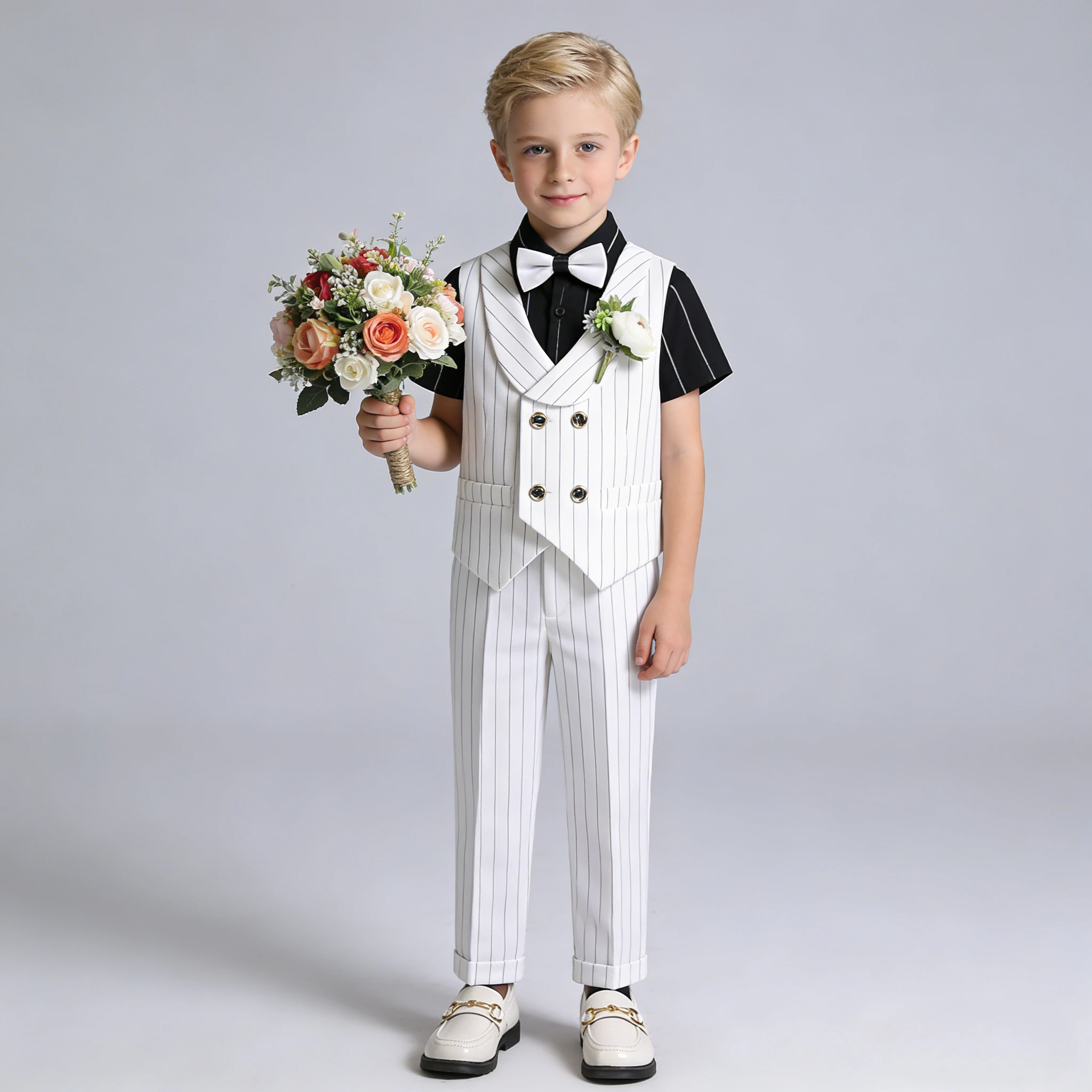 

Boys Formal Pinstripe Suit - Vest Pants Shirt Bow Tie Set Kids Wedding Party Outfit Gentleman Performance Clothing for Toddler