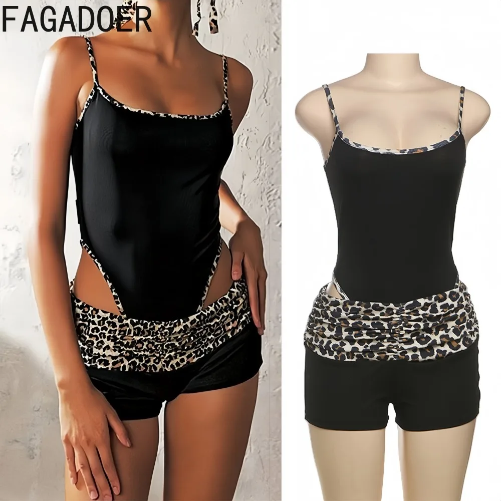 

FAGADOER Sexy Leopard Print 2 Pieces Set for Woman Spaghetti Strap Sleeveless Backless Crop Tops and Shorts Female Streetwear