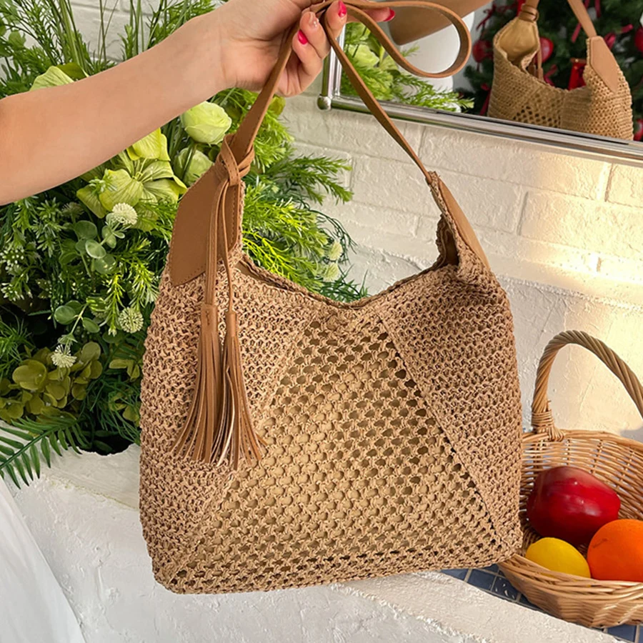 

Fashion Knitted Rattan Women Shoulder Bags Woven Female Handbags Large Capacity Summer Bali Beach Straw Bags Casual Tote Purses