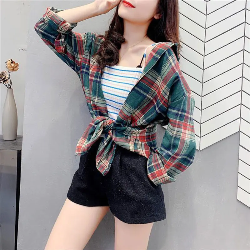 Women\'s Autumn Fashion Office Lady Simplicity Plaid Turn-down Collar Long Sleeve Shirts Women Clothes Casual All-match Loose Top