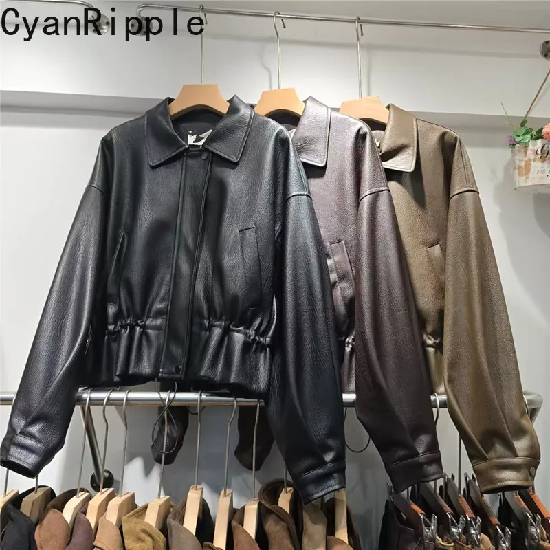 Handsome Turn-down Collar Women Leather Jacket 2026 New Autumn Fashion Zip Cardigans Coat Black Long Sleeve PU Leather Coats