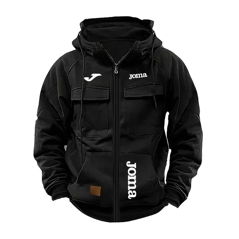 JOMA Men's Loose Fleece-lined Hoodie Jacket with Multiple Pockets Retro American Style Spring Autumn Winter Casual Outerwear