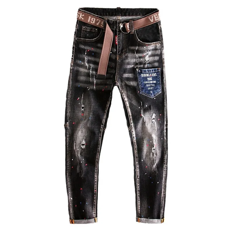 Fashion Pocket Designer Men Jeans Retro Black Gray Stretch Slim Fit Ripped Jeans Men Hip Hop Painted Vintage Denim Pants Hombre