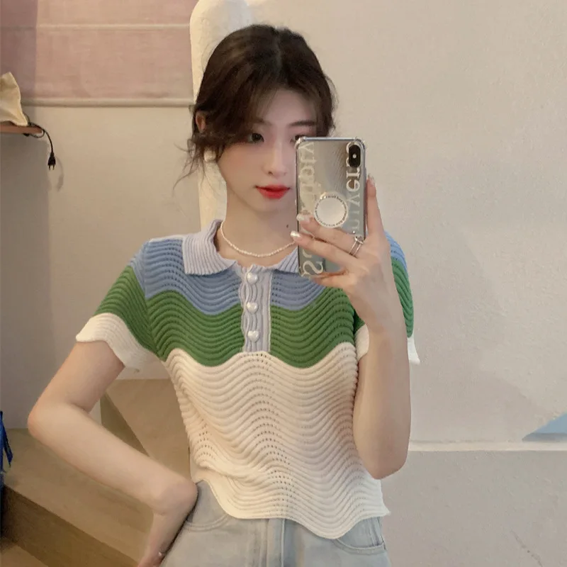 

Summer And Korean Version Slim-fit Color Matching Short-sleeved Knitted Sweater Top Women