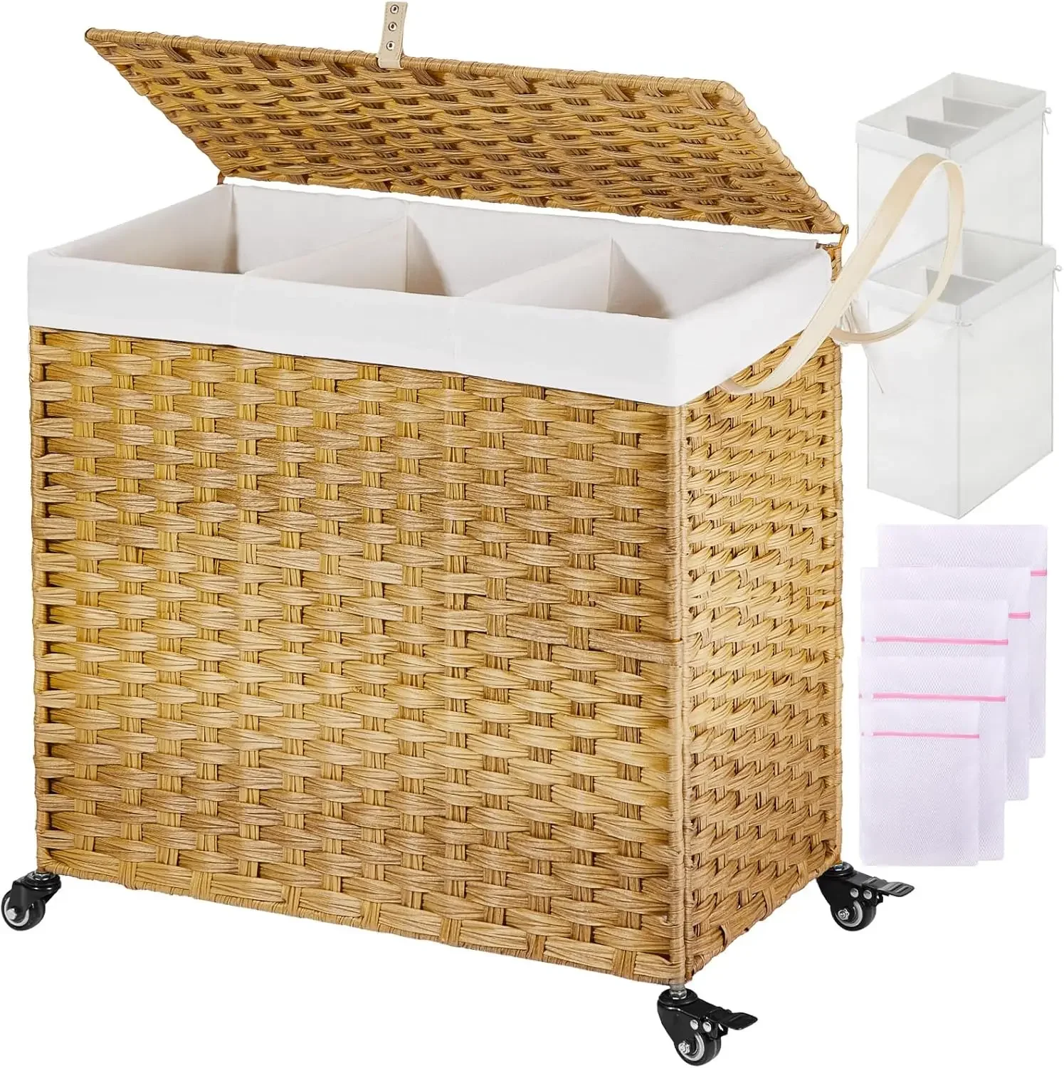 Hamper with Wheels&Lid, 140L Large 3 Sections Clothes Hamper with 2 Types Removable Liner Bags, 5 Mesh Laundr