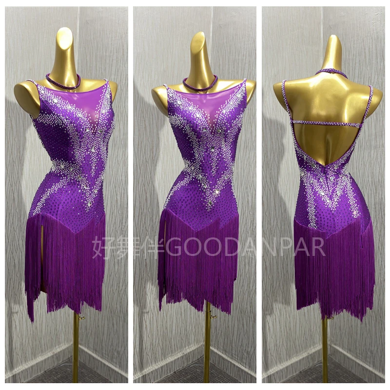 

Платье для латинских танцев, женский костюм для латинских танцев, сексуальная одежда для латинских танцев для соревнований, фиолетовый GOODANPAR