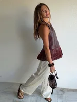 Fashion Burgundy Faux Leather Top For Women Sexy Halter Sleeveless Backless Fringe Hem Blouse Lady 2026 Summer Chic Streetwear - Image 4