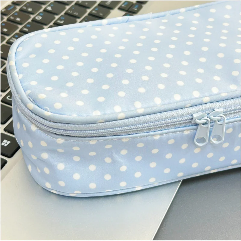 Cute Blue Polka Dot Pencil Case, Japanese Minimalist Large Capacity Pen Bag, Ins Style Aesthetic Stationery Organizer for Studen