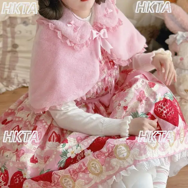 귀여운 로리타 숏 자켓 여성용 스윗 큐트 만화 가을 신상 인형 칼라 레이스 리본 핑크 울 케이프 코트