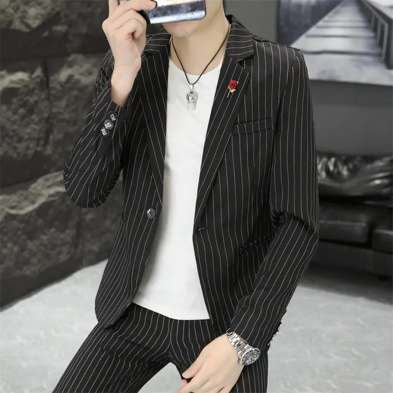 

Casual Slim Fit Men's Autumn Suit Set Korean Sle Trendy Stripe Faionable Two Piece Set Stand Fit Polyester Fiber