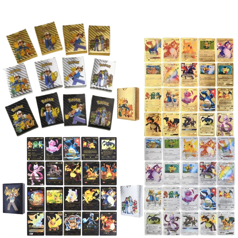 

Английский 55 шт. Пикачу Золотая фольга Карты Чаризард Пикачу Арцейский Серебристый Английский Французский Испанский Немецкий VSTAR GX V VMAX Карты Подарки