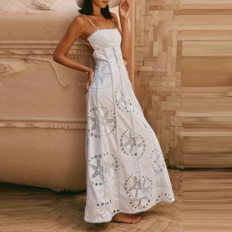 

Summer Solid Lace Edge Holiday Gown Sexy Hollow Out Starfish Print Suspender Dress Elegant Sleeveless Backless Tie Up Maxi Dress