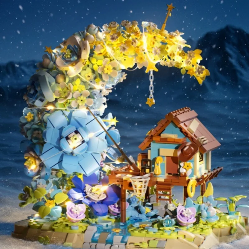 Maison en bois de lune de fleur, maison de lune, blocs de construction d'assemblage de Villa, jouets, cadeaux, ornements de bureau créatifs