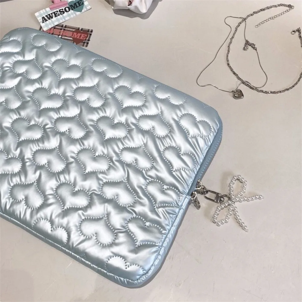 PU Leather Pearl Tablet Storage Bag Large Capacity Heart Bowknot Computer Bag Puffy Design Shockproof Tablet Pouch for School