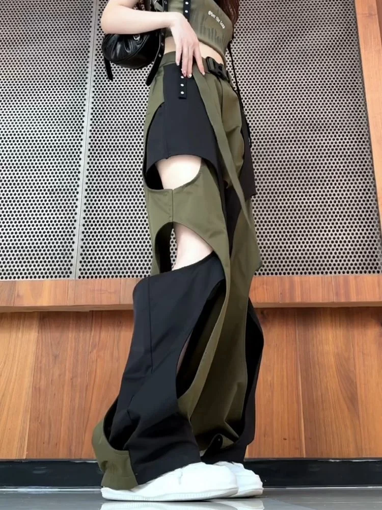 

Women's Y2K Gothic Cutout Wide Leg Pants - Army Green & Black Patchwork High Waist Trousers, Edgy Streetwear for Spring Autumn
