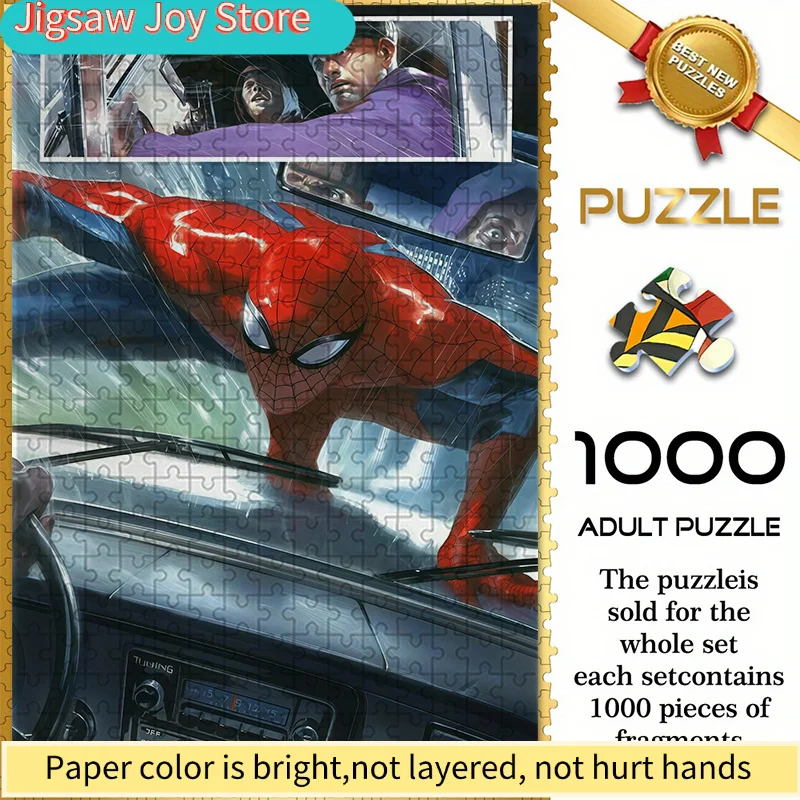 

Marvel Spider-Man Themed Seamless Jigsaw Puzzle W1.6-41, Featuring Spider-Man Climbing a Car to Stop a Criminal Against a Rain
