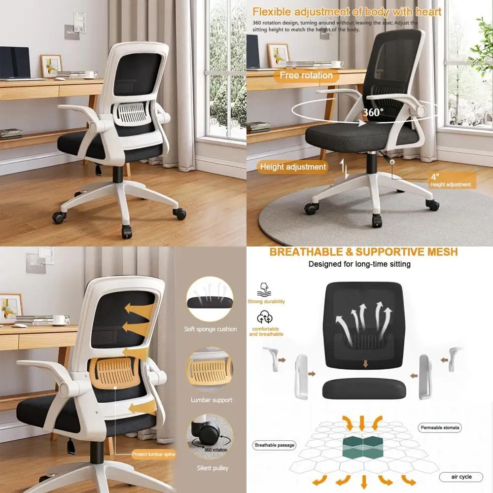 

Эргономичное офисное кресло с высокой спинкой и регулируемой высотой, поворотом, откидными подлокотниками и поясничной опорой.